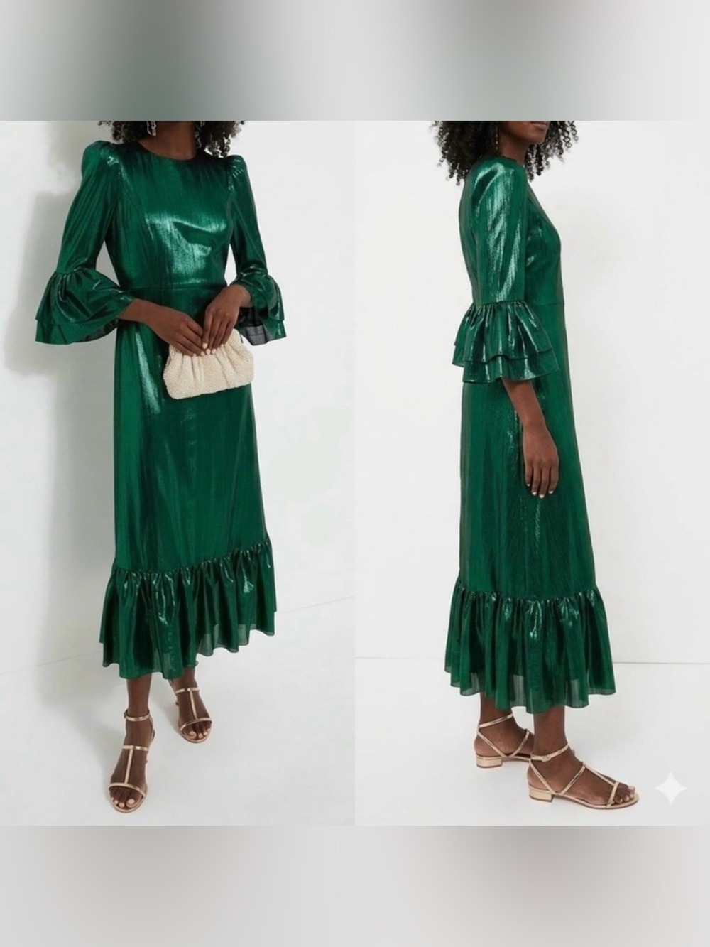 POMANDER PLACE Lillith Maxi Dress Metallic Green Lined Ruffle Hem Size XXL